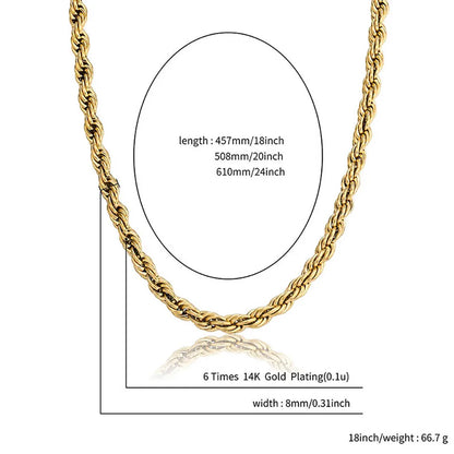 8MM Stainless Steel Rope Chain Necklace 18"20"24"  Gold Color