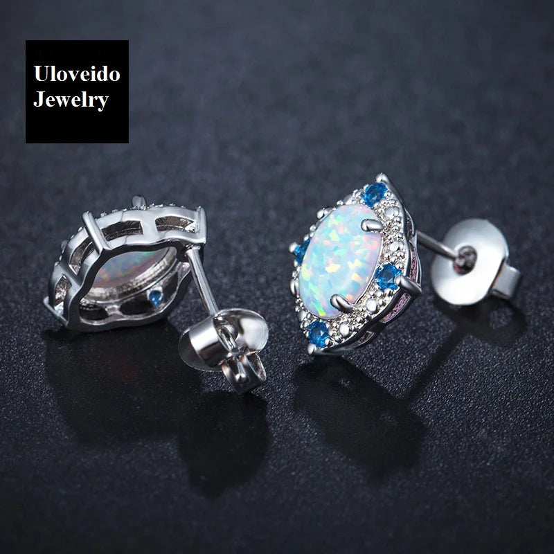 Uloveido 6*8mm Fire Opal Earrings for Women Silver Color Blue Stud Earings