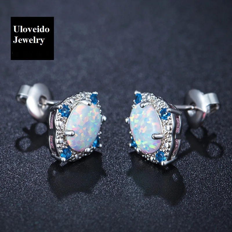 Uloveido 6*8mm Fire Opal Earrings for Women Silver Color Blue Stud Earings