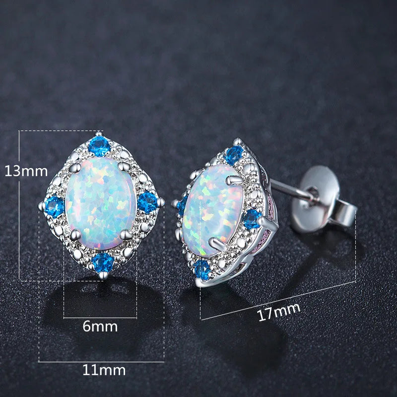 Uloveido 6*8mm Fire Opal Earrings for Women Silver Color Blue Stud Earings