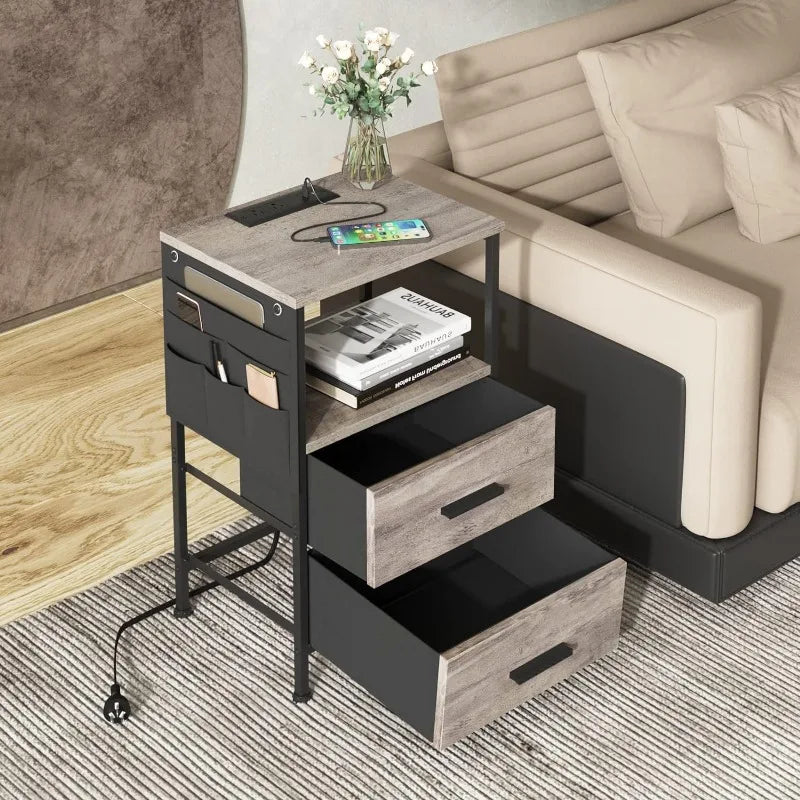 End Table w Charging USB Port, 2 Drawers & Storage Shelf