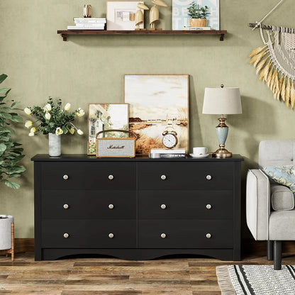 Double Dresser with 6 Drawers, Wide Storage Organizer Chest and TV Stand for Bedroom, Living Room, Hallway, Dormi