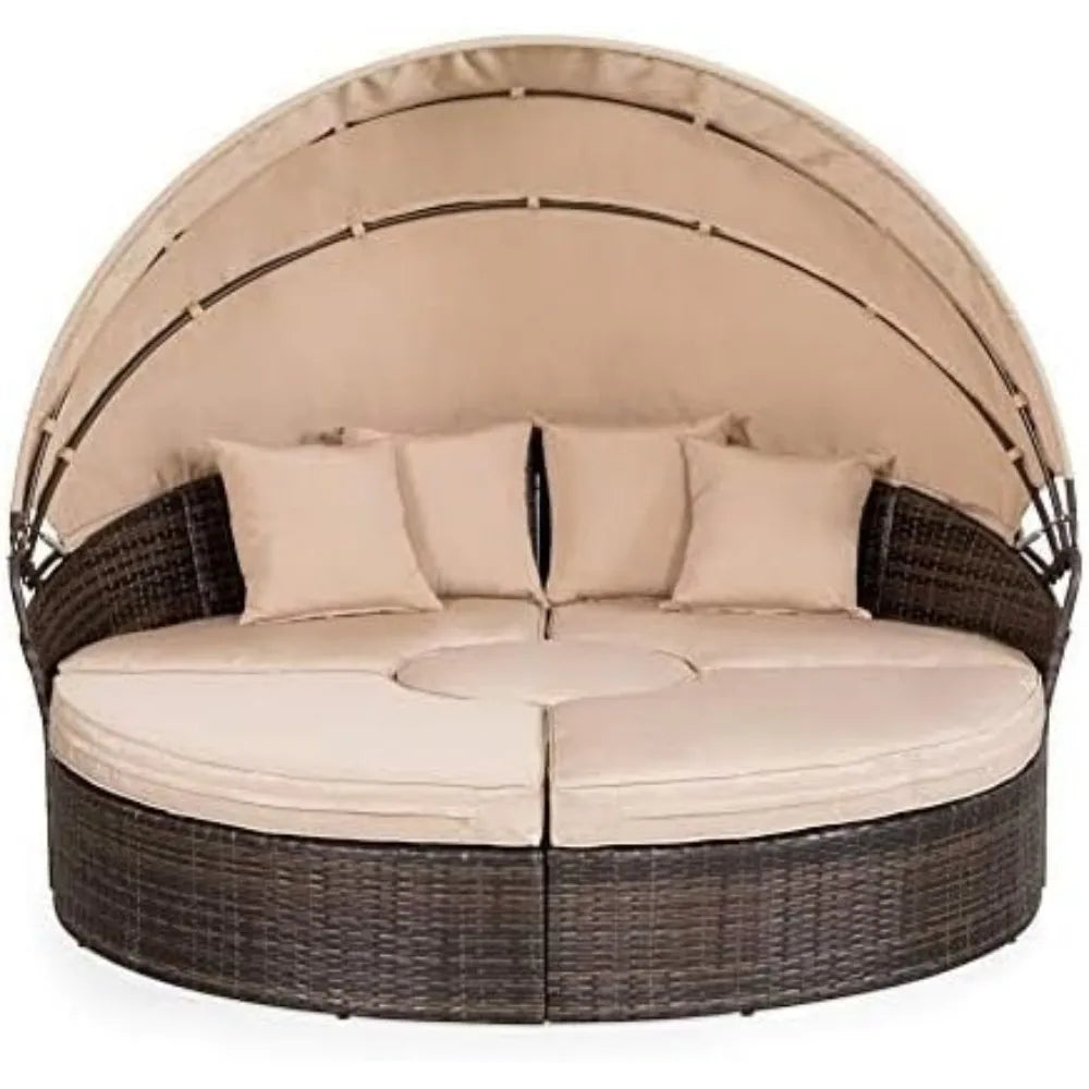 Canopy Bed Round Daybed with Washable Cushions, Clamshell Sectional Seating Wicker Furniture with Retractable Canopy (Brown）