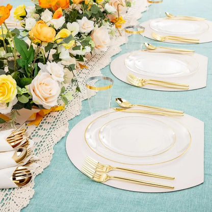 350PCS Disposable Dinnerware set ; 50 Dinner Plates, 50 Salad Plates, Clear W gold