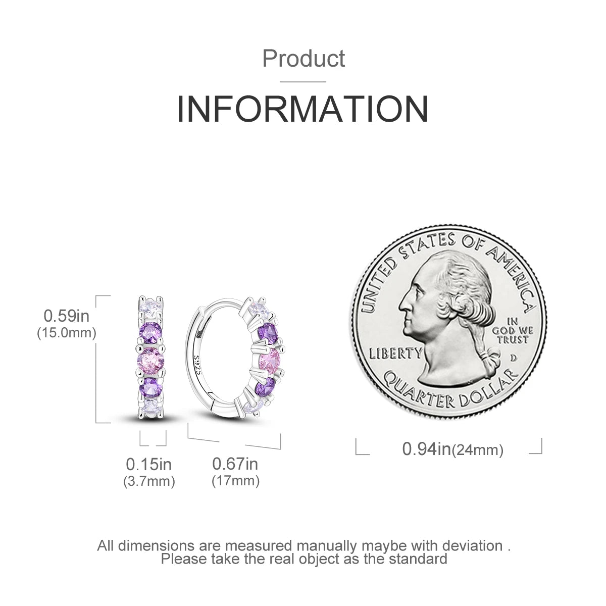 Hot Sterling Silver 925 Pink Purple Zircon Gradient Hoop Earrings