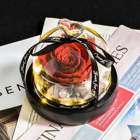 Flowers In Heart Glass Dome with Led Light Forever Preserved Rose