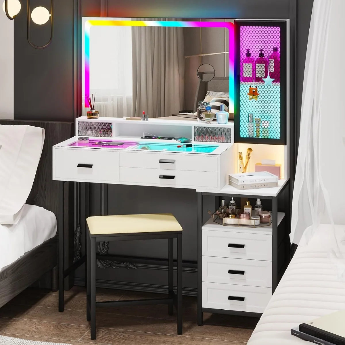 Vanity with Glass Top,  24 Color Dimmable Lights in the mirror