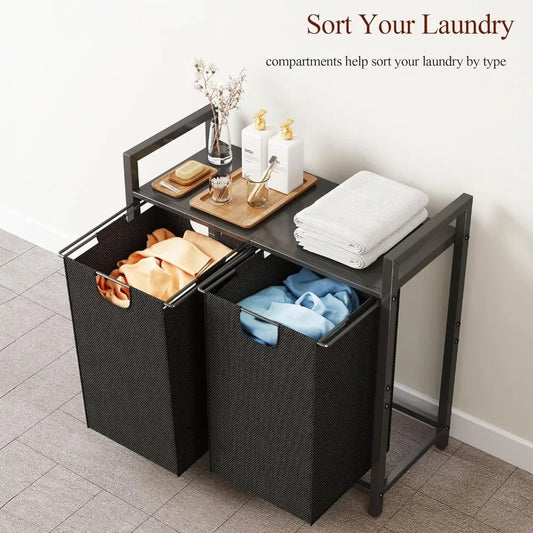 Laundry Basket  with Shelf & 2 Pull-Out Removable Bags,