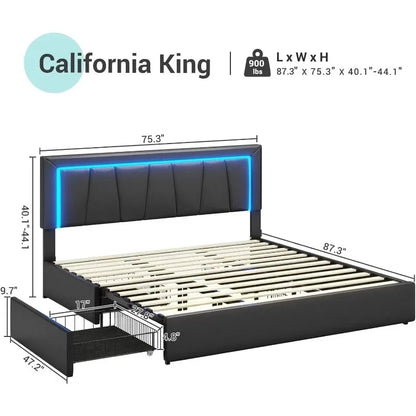 California King Bed Frame with 4 Storage Drawers, LED Light Platform