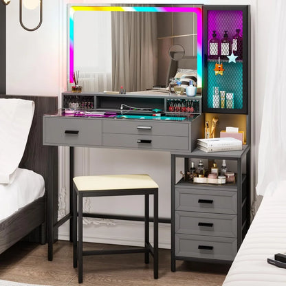 Vanity with Glass Top,  24 Color Dimmable Lights in the mirror