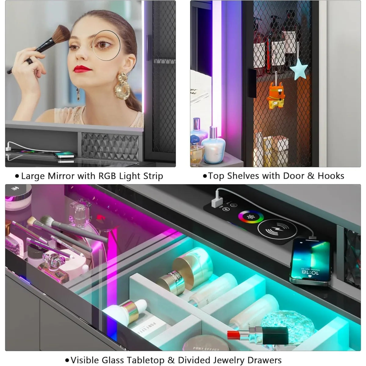 Vanity with Glass Top,  24 Color Dimmable Lights in the mirror