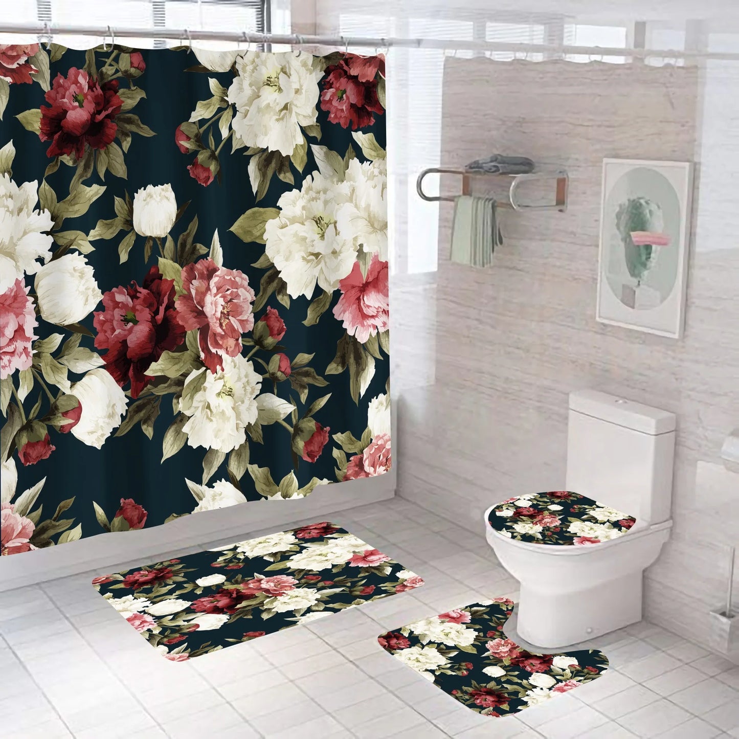 3D Digital Printing Flowers Shower Curtain Waterproof Polyester Bathroom Curtains Colorful Shower Curtain Set Bath Mats Rugs