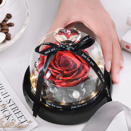 Flowers In Heart Glass Dome with Led Light Forever Preserved Rose