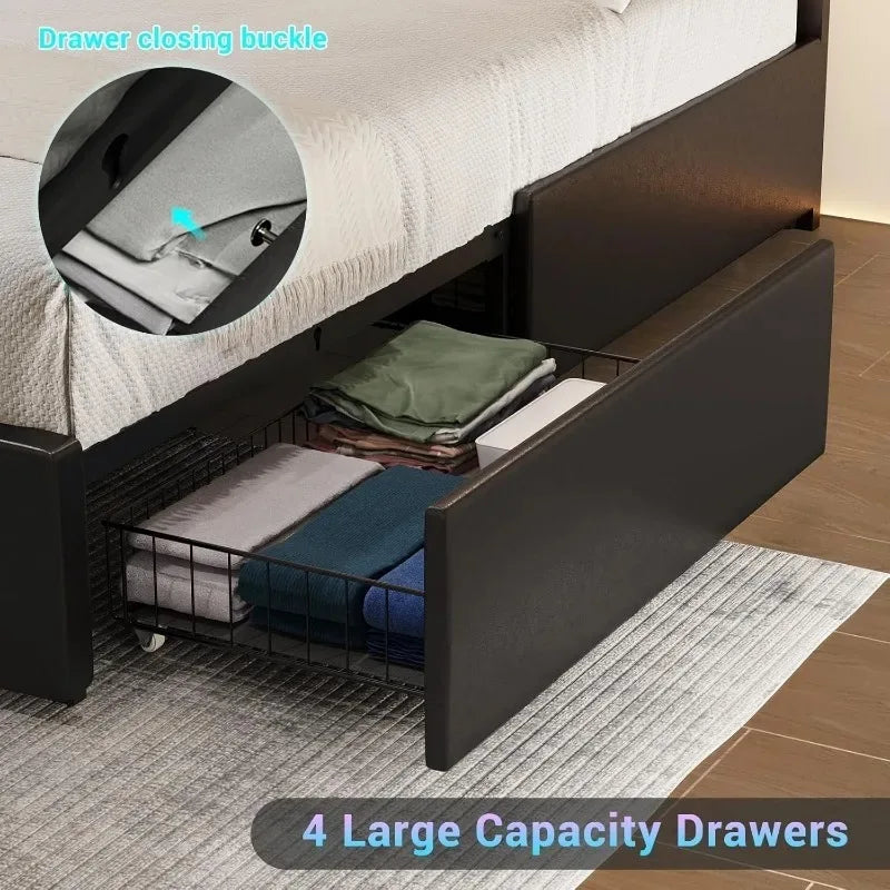 California King Bed Frame with 4 Storage Drawers, LED Light Platform