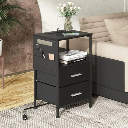 End Table w Charging USB Port, 2 Drawers & Storage Shelf