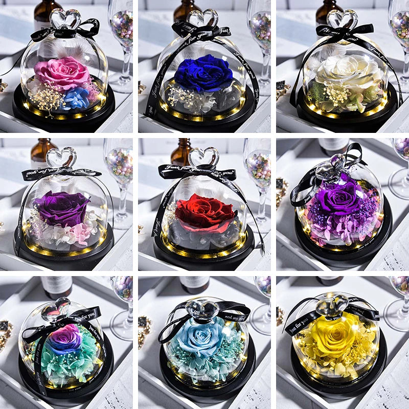 Flowers In Heart Glass Dome with Led Light Forever Preserved Rose