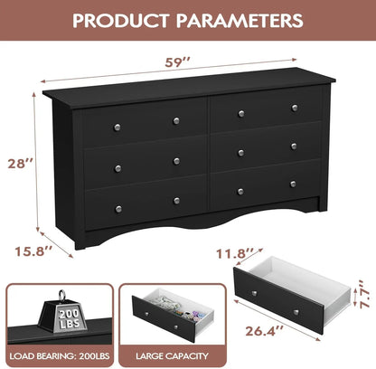 Double Dresser with 6 Drawers, Wide Storage Organizer Chest and TV Stand for Bedroom, Living Room, Hallway, Dormi