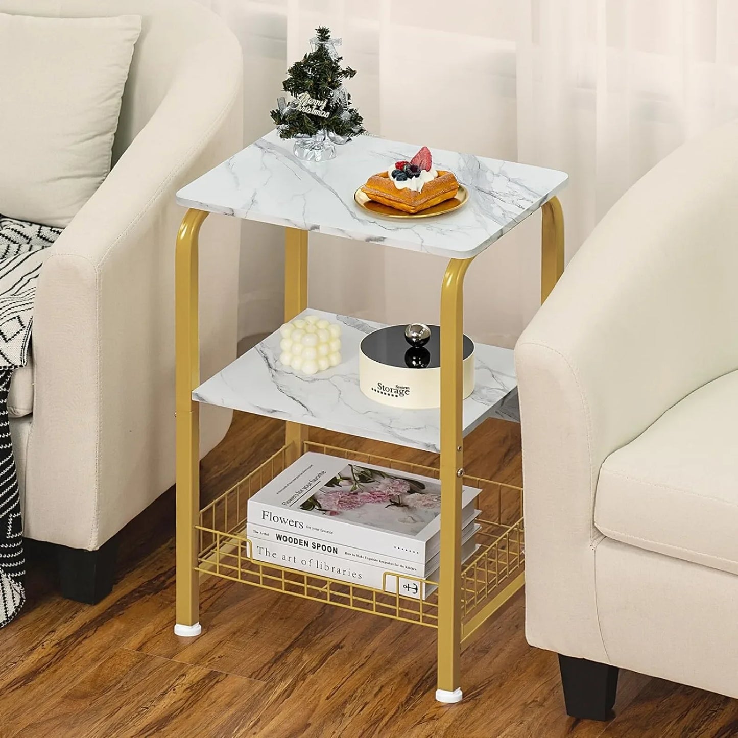 End Table Set with Storage Basket, Modern Nightstand