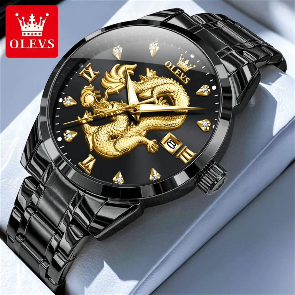 Men's Watch Luxury Dragon Dial Diamond Watch  Waterproof Stainless Steel