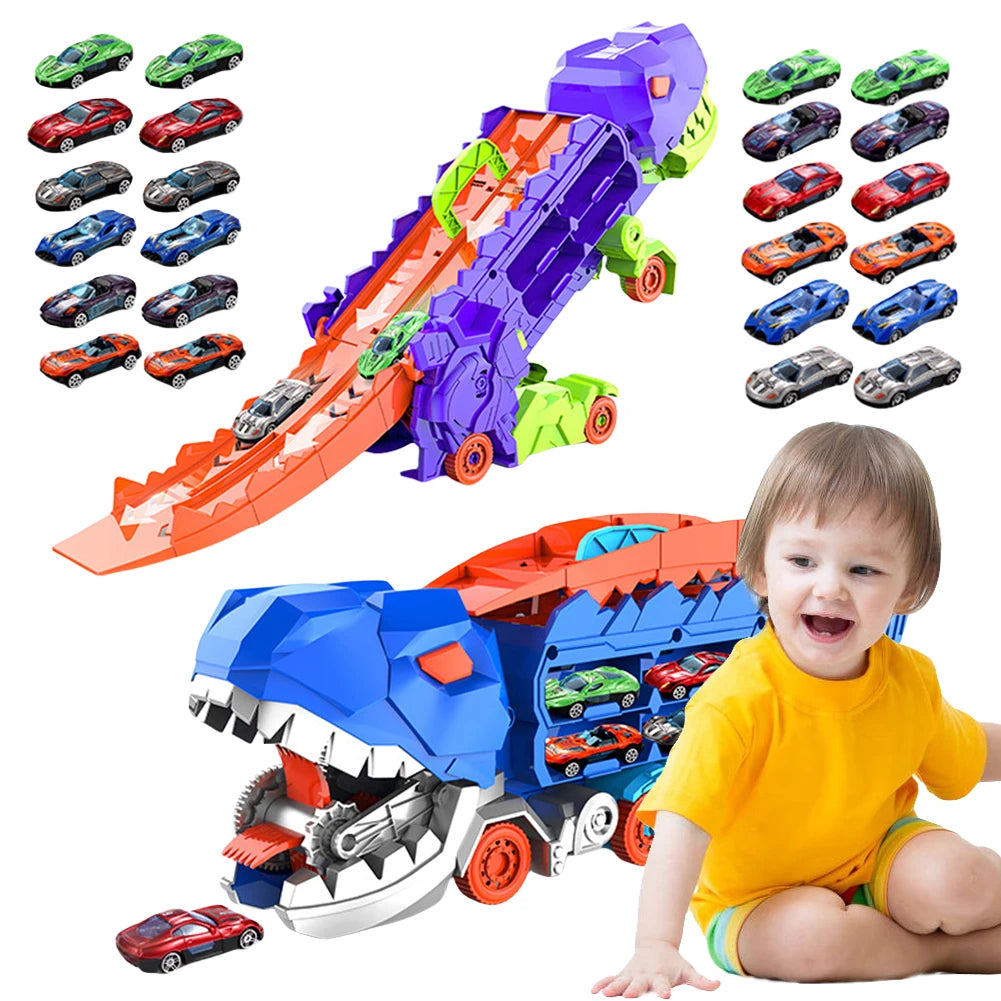 Stomping Dinosaur with Race Track w/ 12 Metal Cars