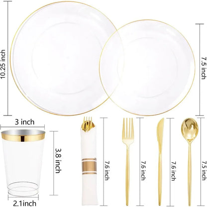 350PCS Disposable Dinnerware set ; 50 Dinner Plates, 50 Salad Plates, Clear W gold