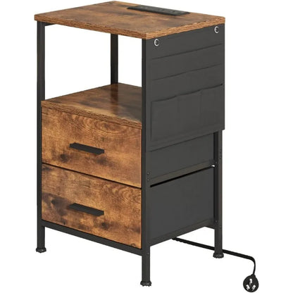 End Table w Charging USB Port, 2 Drawers & Storage Shelf