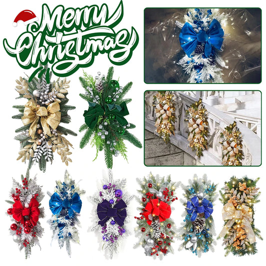 Christmas Swag Wreath Pendants LED Artificial Stairs Decoration Wreath Garland Ornament  for Front Door Wall Window Party Suppli