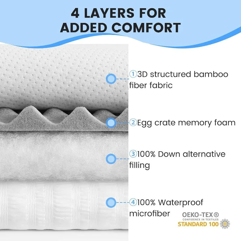 Reversible Queen Mattress Pad Memory Foam, Bamboo , Noiseless Waterproof Mattress