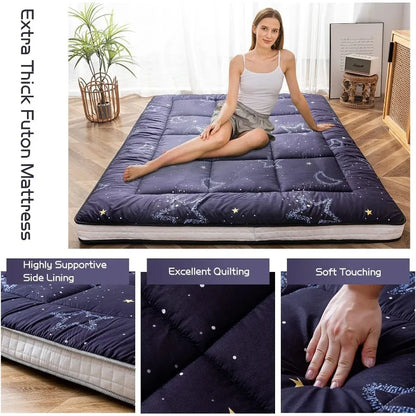 Black Moon and Star Futon Mattress,  Quilted Bed Mattress Topper, Extra Thick Folding