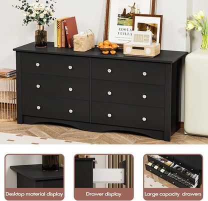 Double Dresser with 6 Drawers, Wide Storage Organizer Chest and TV Stand for Bedroom, Living Room, Hallway, Dormi